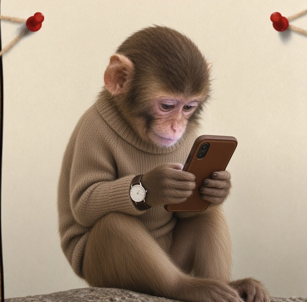 Ape in a sweater looking at a phone