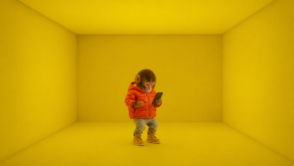 Ape in an orange jacket standing in a yellow room