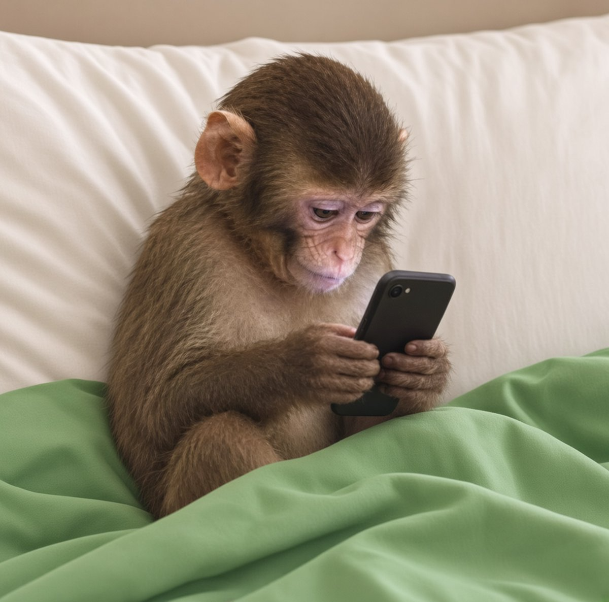 Ape using a phone in bed